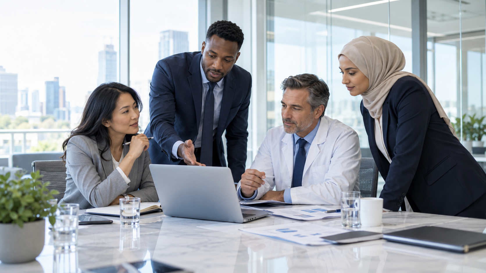 Professionals collaborating in a modern business setting