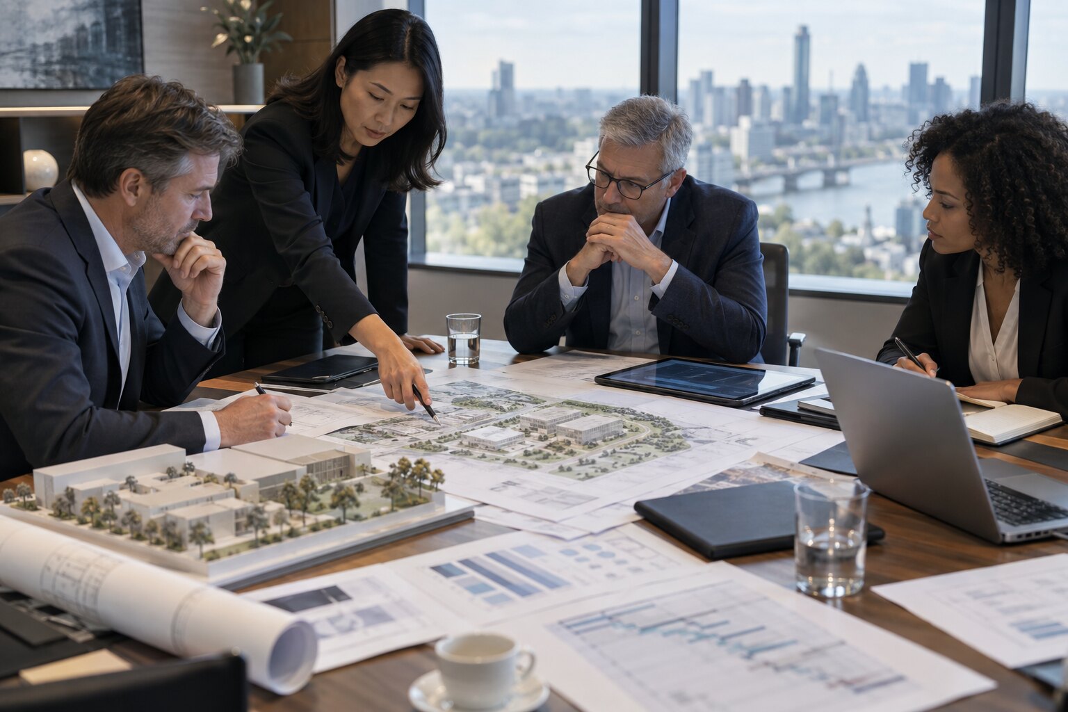Advisers reviewing project plans and transaction materials