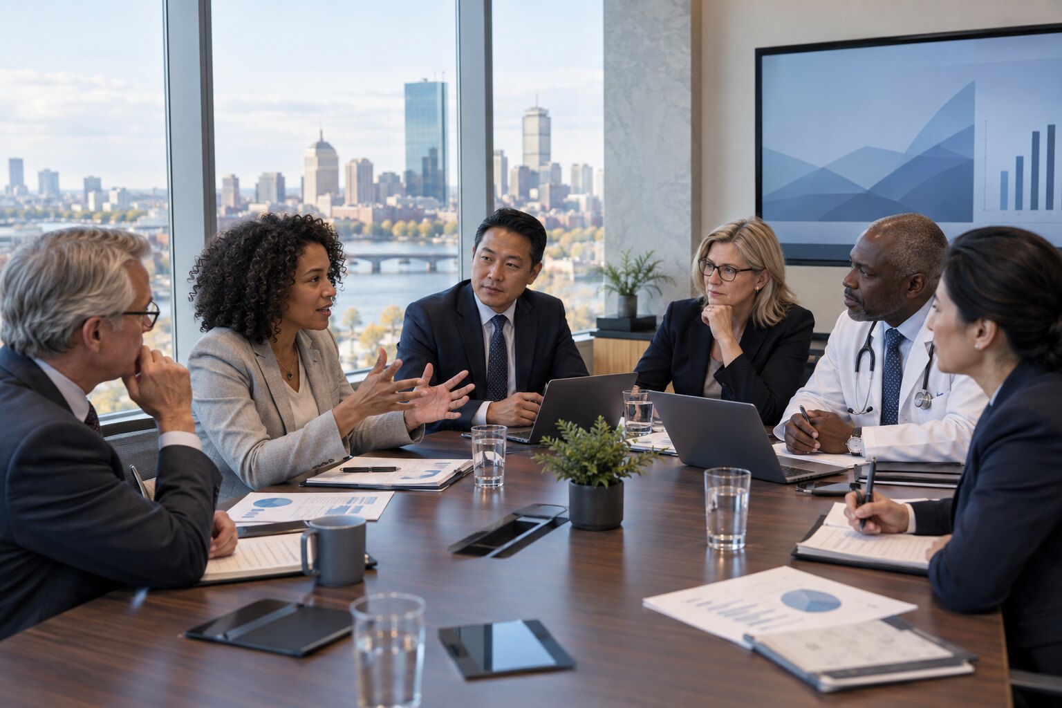 Business and healthcare leaders reviewing a strategic plan