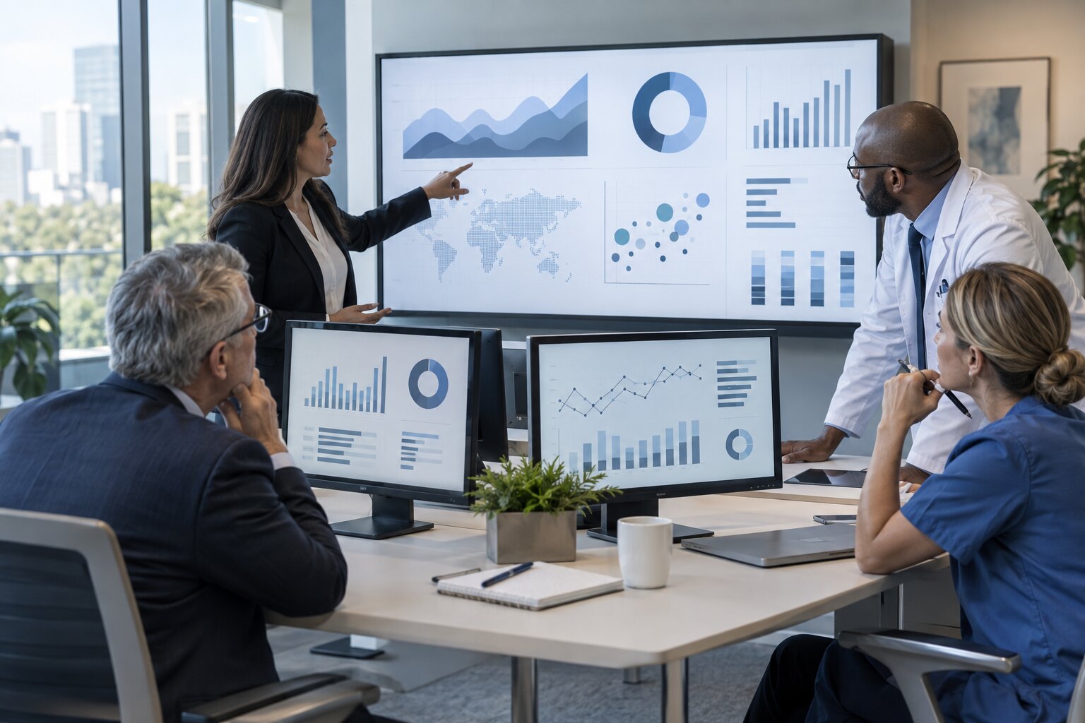 Professionals evaluating healthcare and business technology